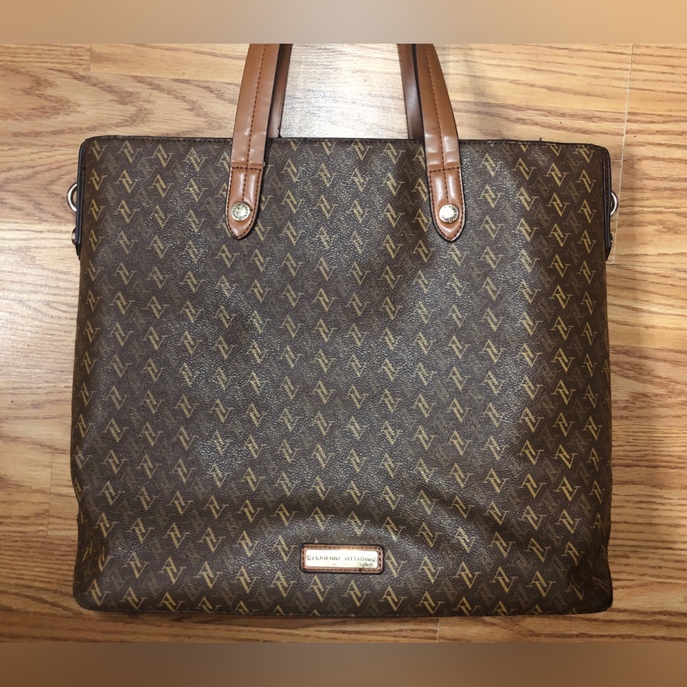 Adrienne Vittadini Patent Beige Monogram Tote Shoulder Bag Purse L 16” Vegan